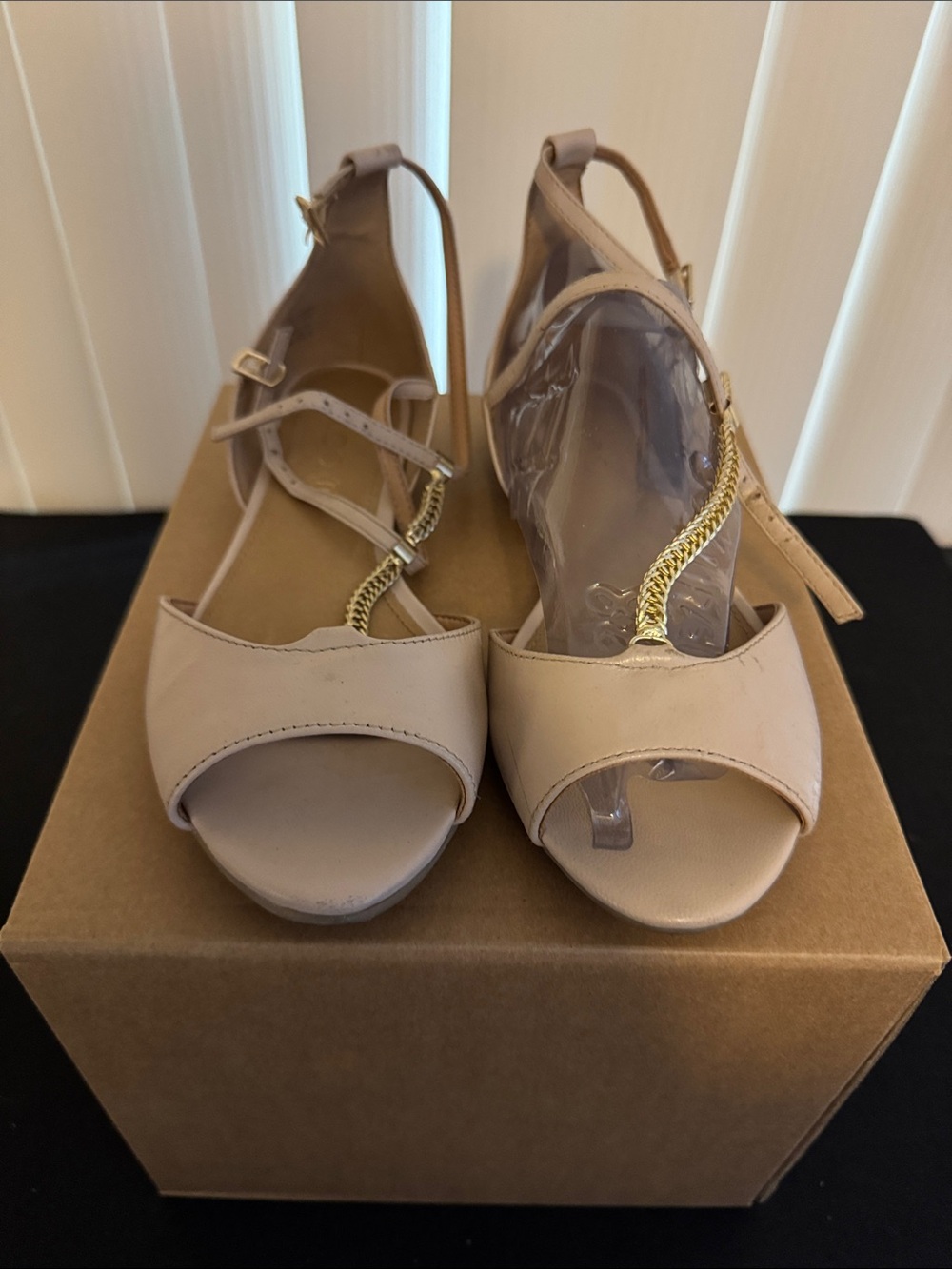 Aldo Blush Nude Open-Toe T-Strap flats with Gold Chain